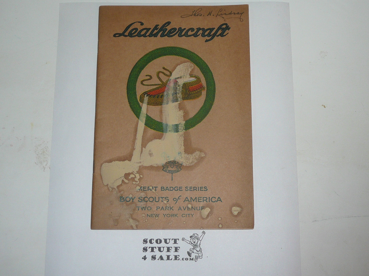 Leathercraft Merit Badge Pamphlet, Type 3, Tan Cover, 4-34 Printing, paint on cover