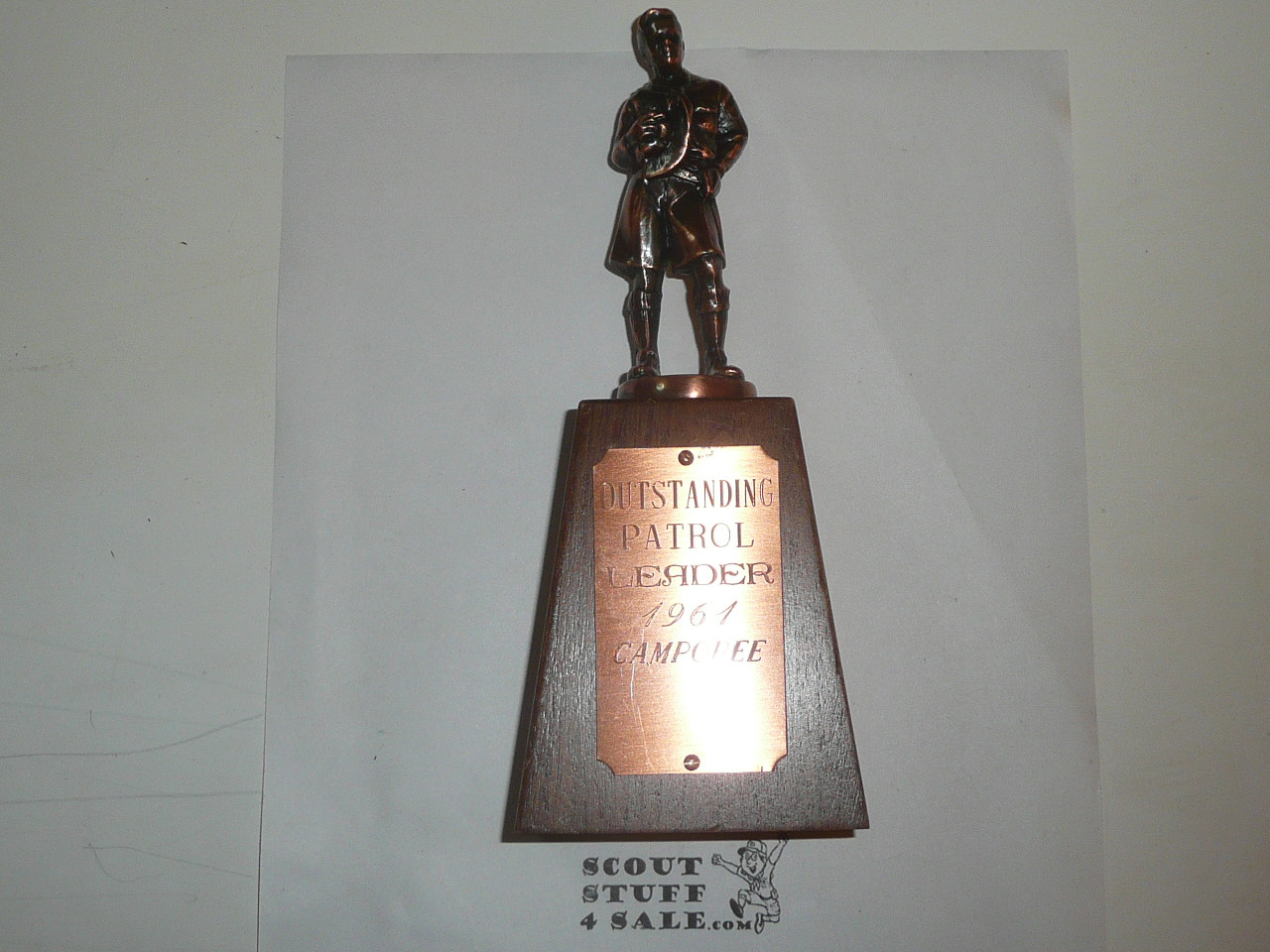 1960s mckenzie Boy Scout Trophy on wood stand, Copper finish