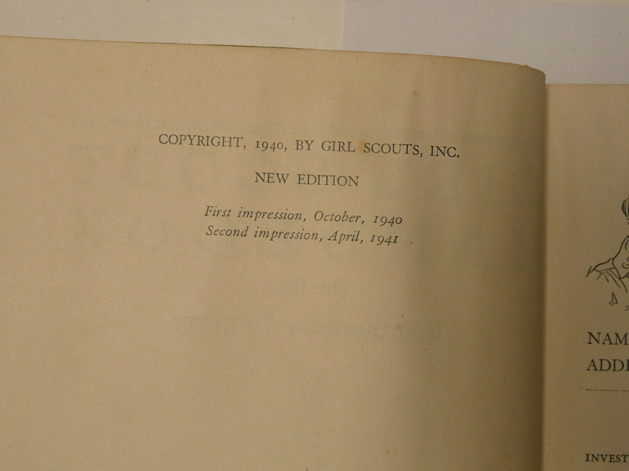 1941 Official Girl Scout Handbook, hardbound, 4-41 Printing, 2nd printing, lite use
