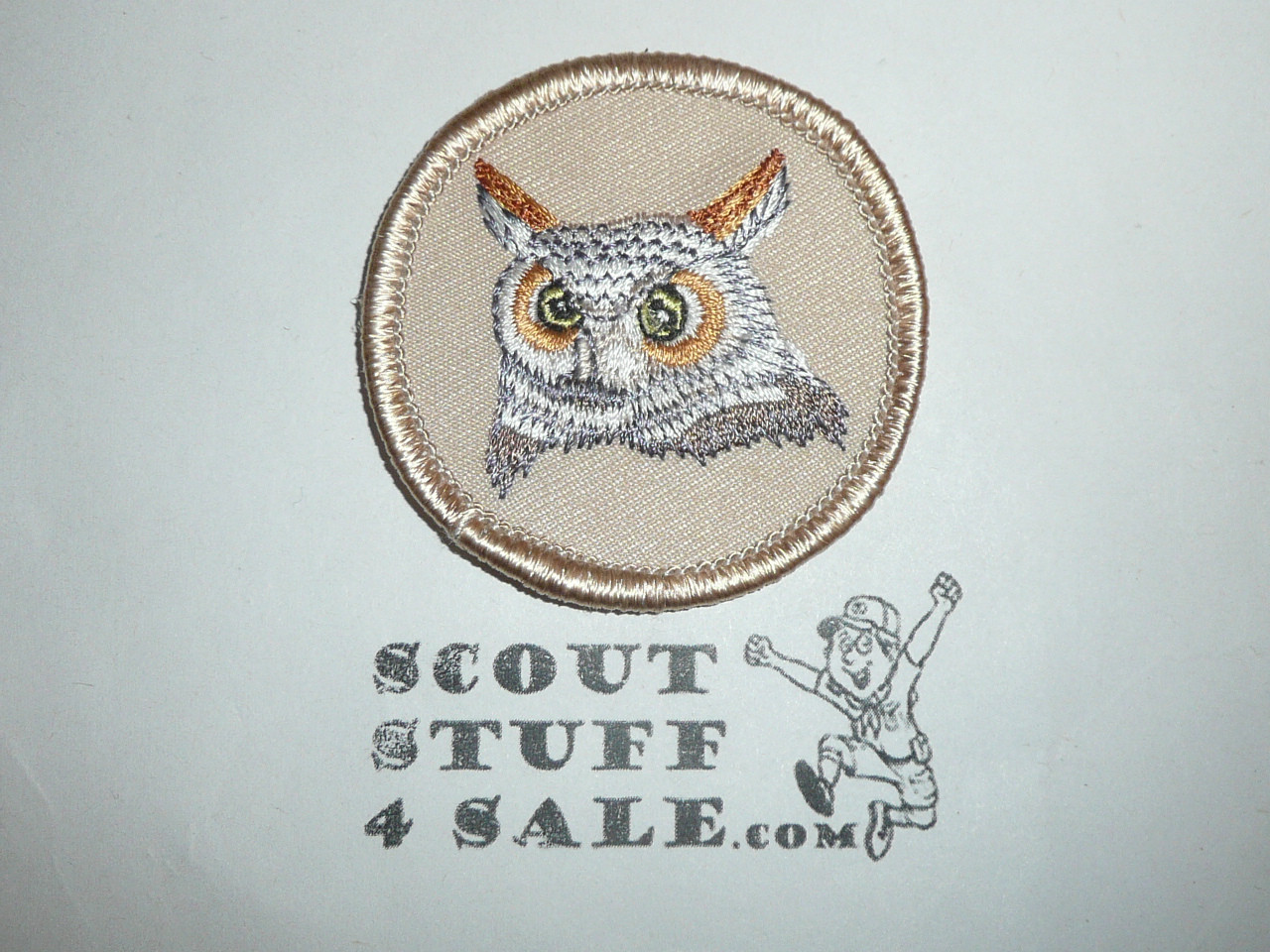 Owl Patrol Medallion, Tan Twill with Plastic Back, multi color owl