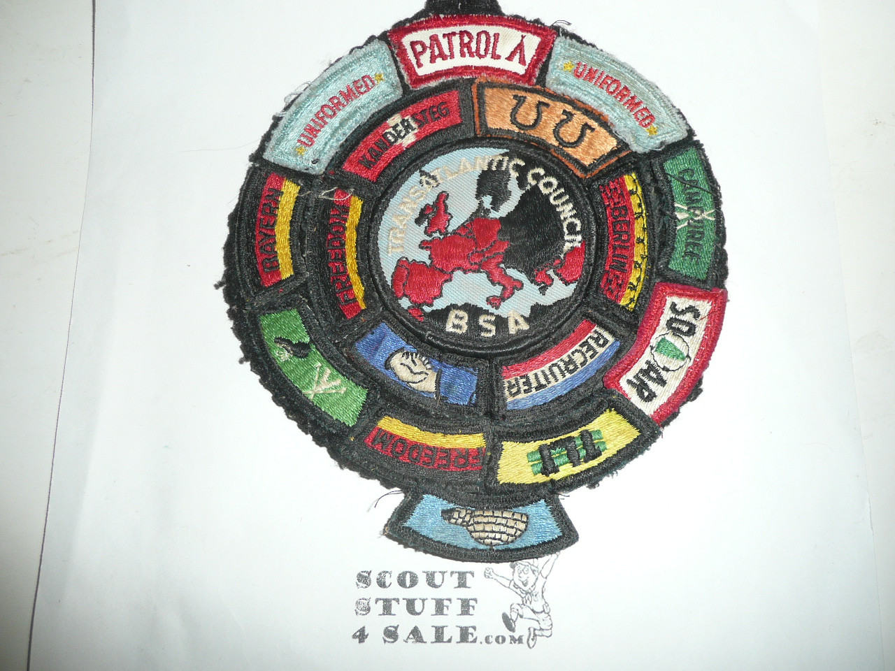 Transatlantic Council Patch surrounded by awesome group of segments, sewn to felt, includes camps Kandersteg Berlin, Bayern Freedom