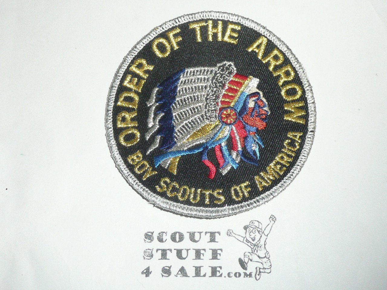 Order of the Arrow Multi color Indian Head Logo Patch, black background and silver mylar bdr