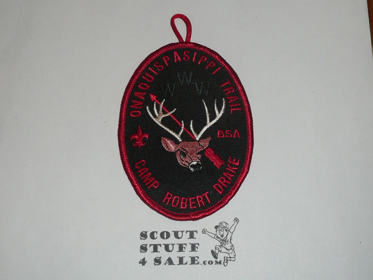 Onaquispasippi Trail Hike Patch, Order of the Arrow, Camp Robert Drake, Prairielands Council, red bdr