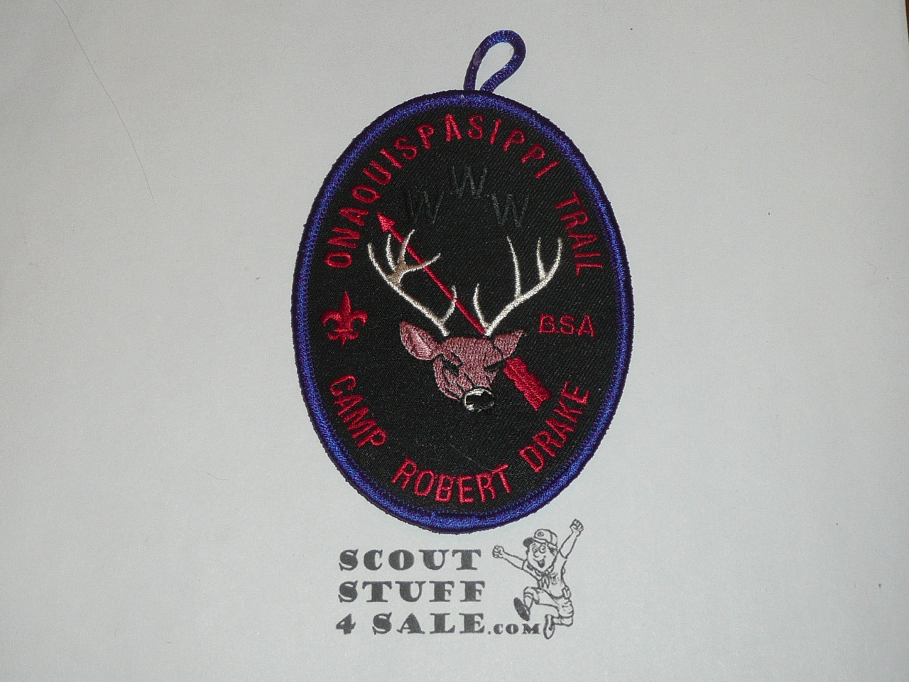 Onaquispasippi Trail Hike Patch, Order of the Arrow, Camp Robert Drake, Prairielands Council, blue bdr