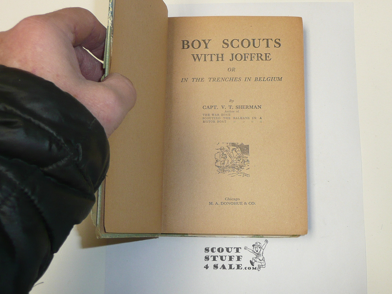 Boy Scouts With Joffre or In the Trenches in Belgium, by V. T. Sherman, 1912 First Edition, Hardbound with dust jacket, Boy Scout Story Book, green binding