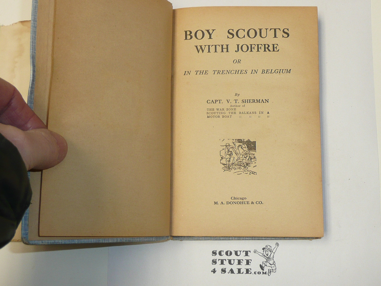 Boy Scouts With Joffre or In the Trenches in Belgium, by V. T. Sherman, 1915, Hardbound with dust jacket, Boy Scout Story Book, blue binding