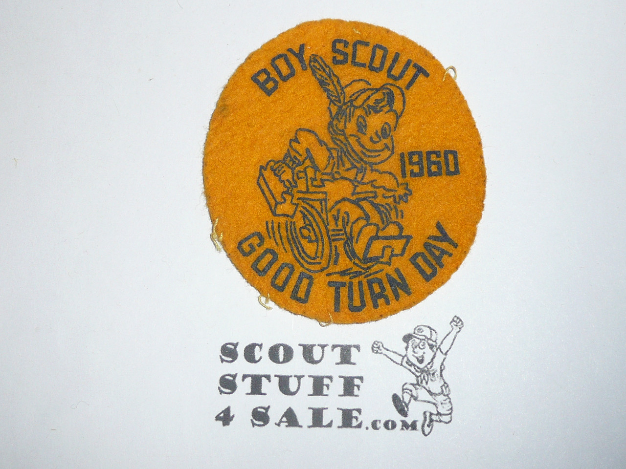 Goodwill Industries Boy Scout Good Turn Day Patch, Gold Felt, boy in wheel chair, 1960, lite use