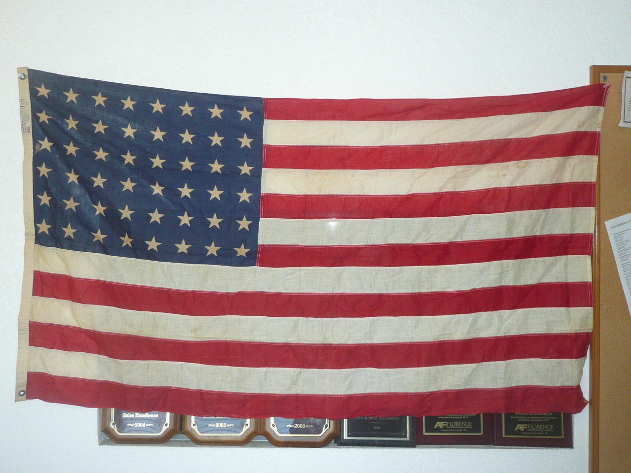 Original 48 star United States Flag, sewn stripes and dyed stars, Linen material, 3' x 5', some discoloration, FLG3