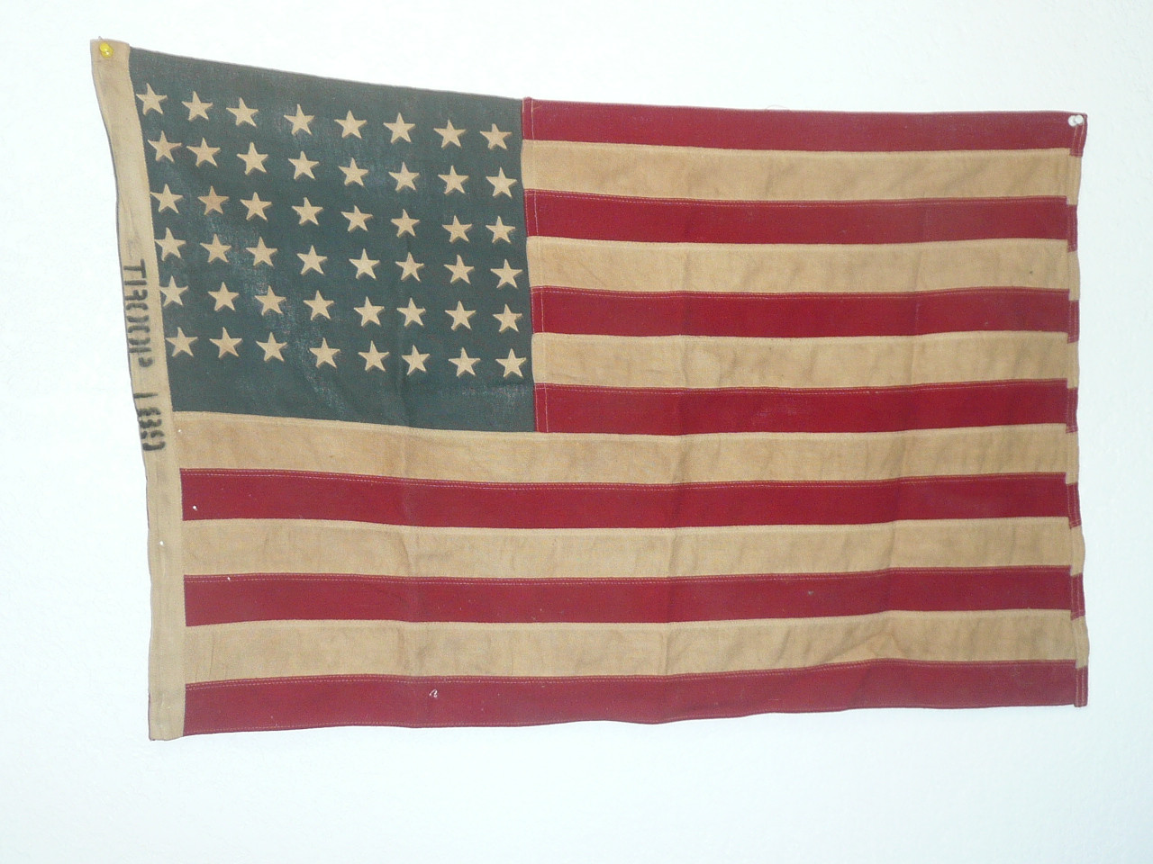 Original 48 star United States Flag, sewn stripes and stars, Linen material, some small holes, 2' x 3', FLG6