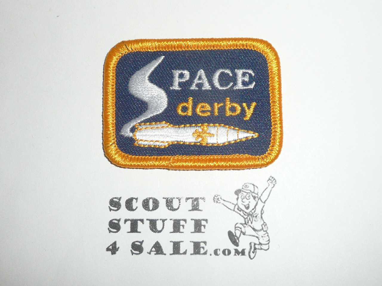 Space Derby Patch, Generic BSA Cub Scout Patch, navy twill with gold r/e bdr