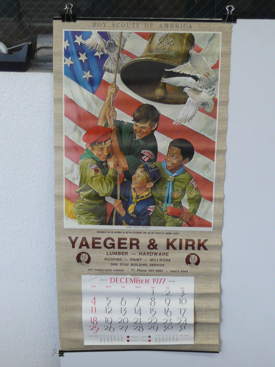 1977 Boy Scout Wall Calendar, Full Size, The New Spirit by Joseph Csatari, 16" x 34", only Dec page, #P82