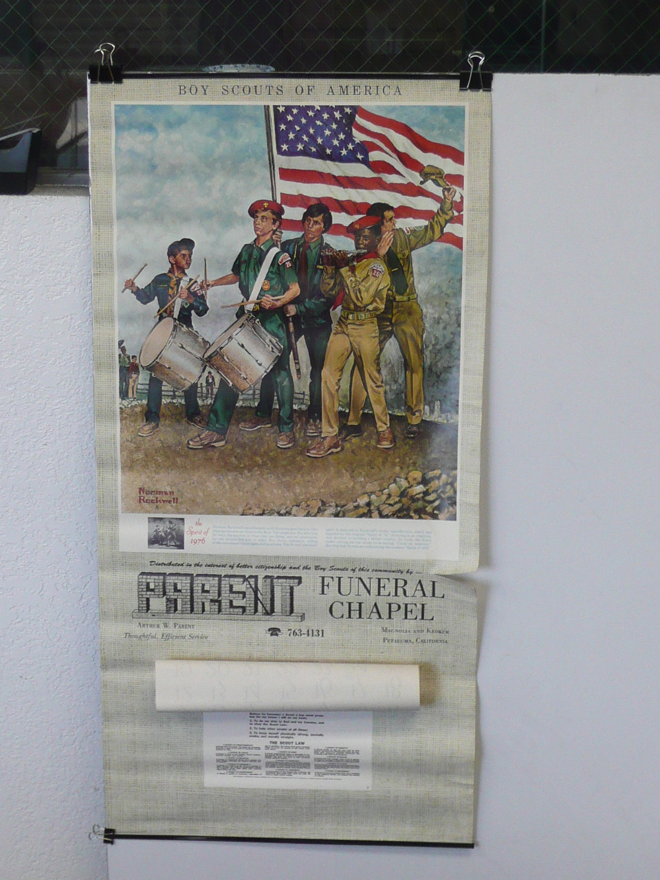 1976 Boy Scout Wall Calendar, Full Size, The Spirit of 1976 by Norman Rockwell, 16" x 34", December only and small tear, #P88/115