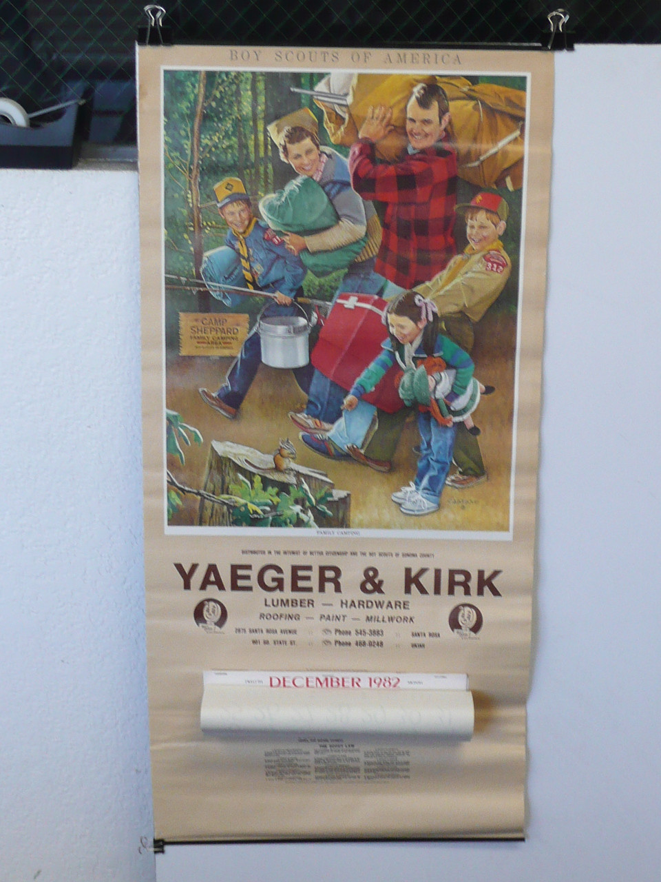 1983 Boy Scout Wall Calendar, Full Size, Family Camping by Joseph Csatari, 16" x 34", Complete, #P91