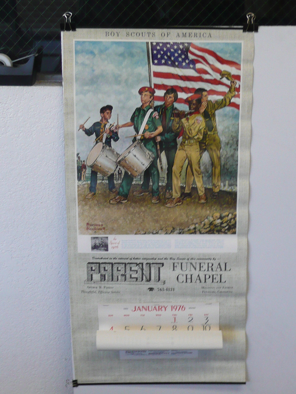 1976 Boy Scout Wall Calendar, Full Size, The Spirit of 1976 by Norman Rockwell, 16" x 34", Complete, #P94/114