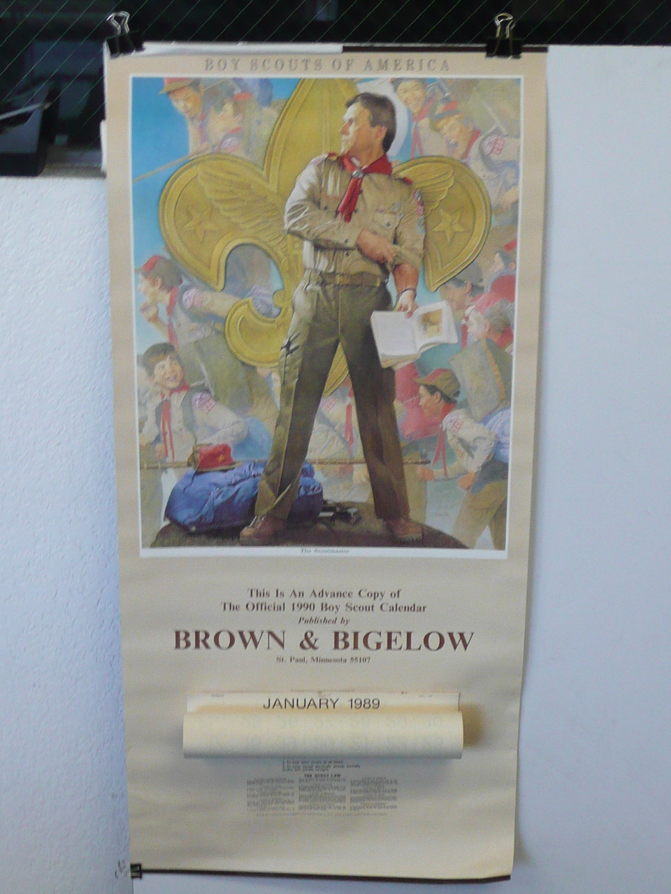 1989 Boy Scout Wall Calendar, Full Size, The Scoutmaster by Joseph Csatari, 11" x 23", Complete, #P97, Advance Copy of the 1990 Calendar sent to Scout Executives