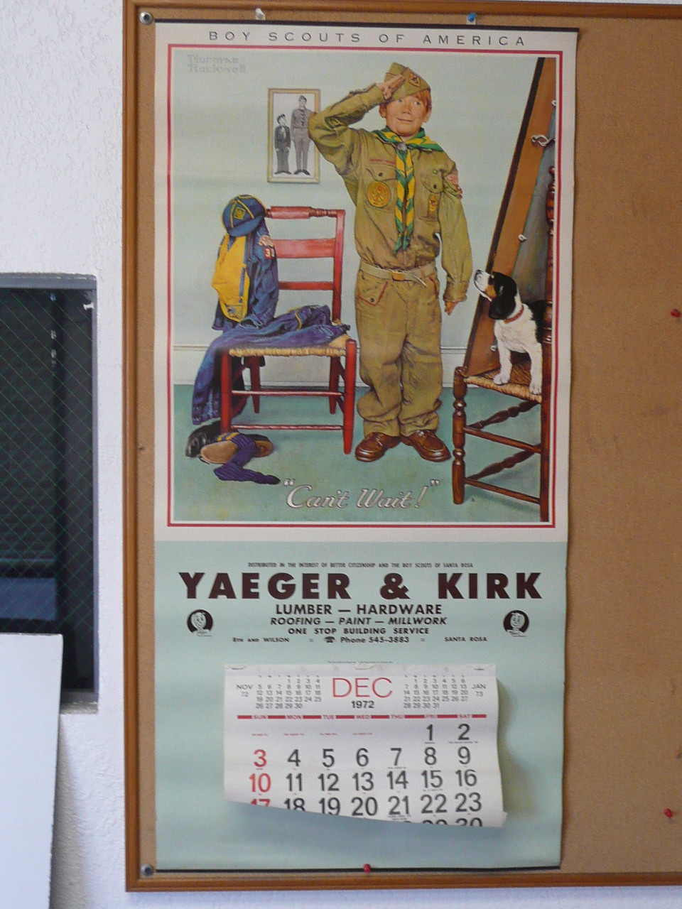 1972 Boy Scout Wall Calendar, Full Size, Can't Wait by Norman Rockwell, 10" x 46", Dec page only, #P102
