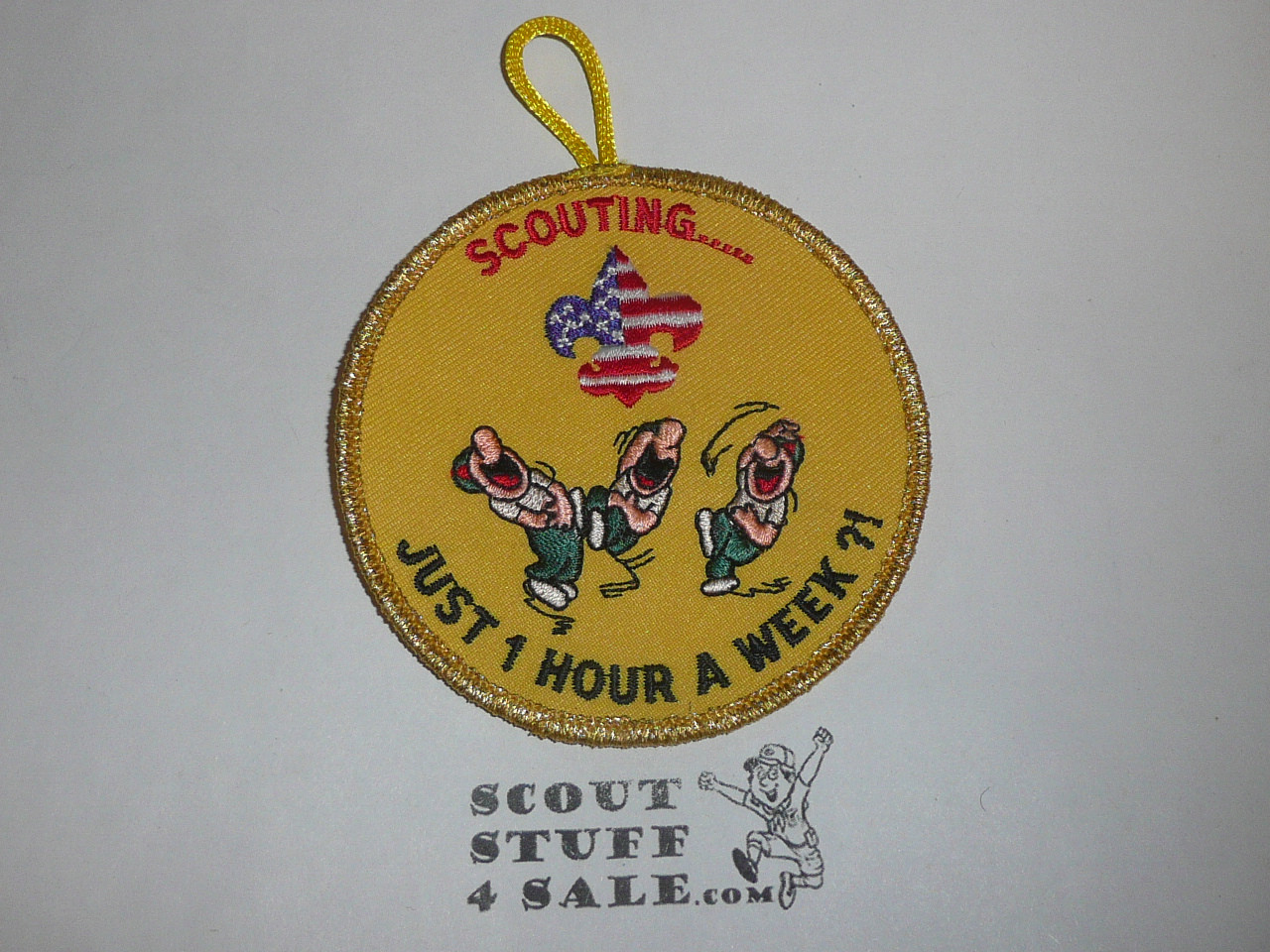 Scouting...One Hour a Week Patch, Generic BSA Patch, gold mylar bdr, round