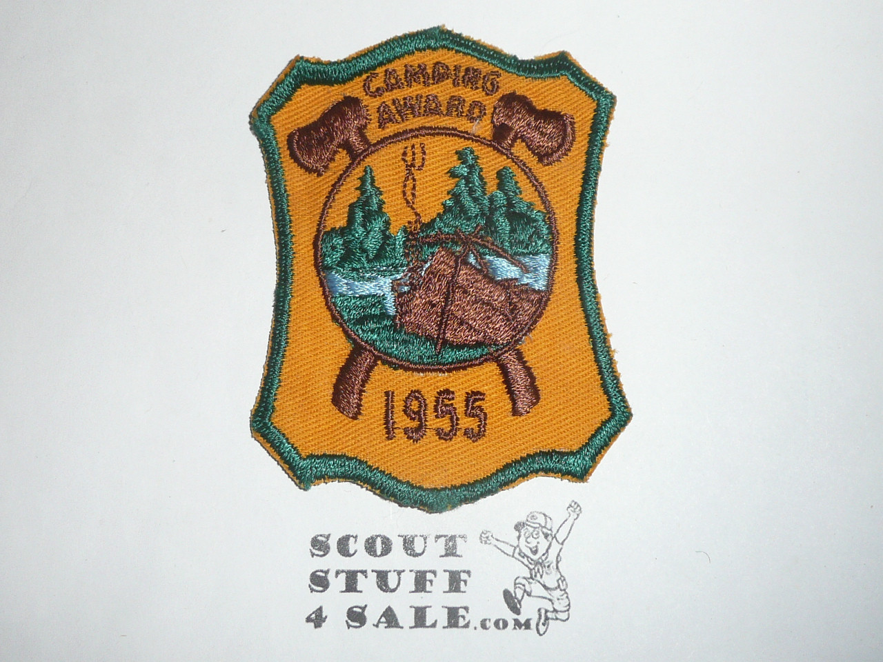 Camping Award, BSA Generic Patch, 1955, orange twill with green c/e bdr, lite use