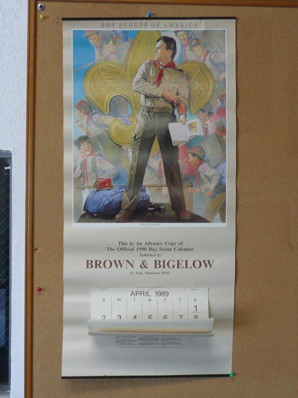 1989 Boy Scout Wall Calendar, Full Size, The Scoutmaster by Joseph Csatari, 10" x 46", Jan-March pages removed, #P116, Advance Copy of the 1990 Calendar sent to Scout Executives