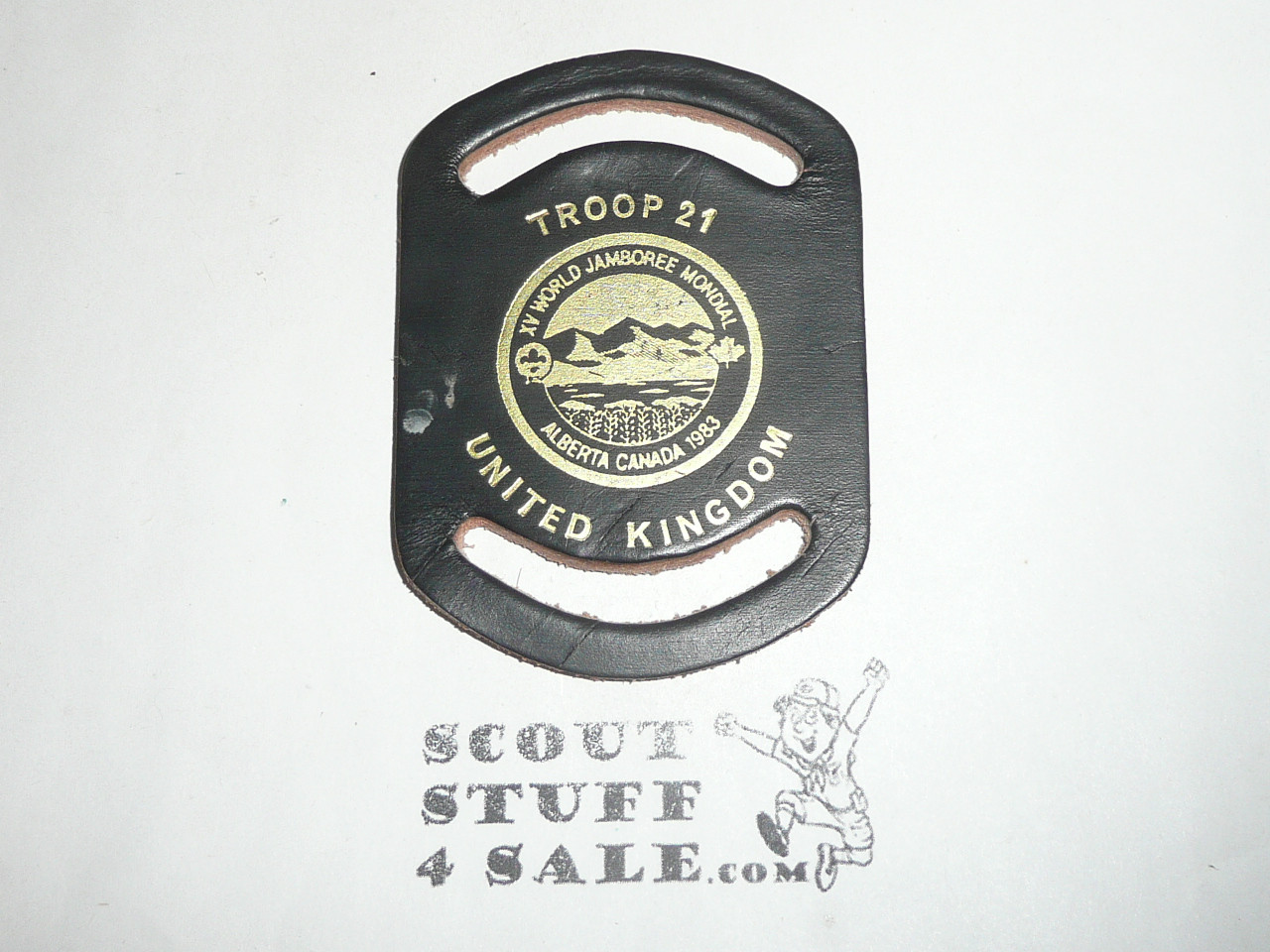 1983 Boy Scout World Jamboree United Kingdom Contingent Troop 21 Leather Neckerchief Slide