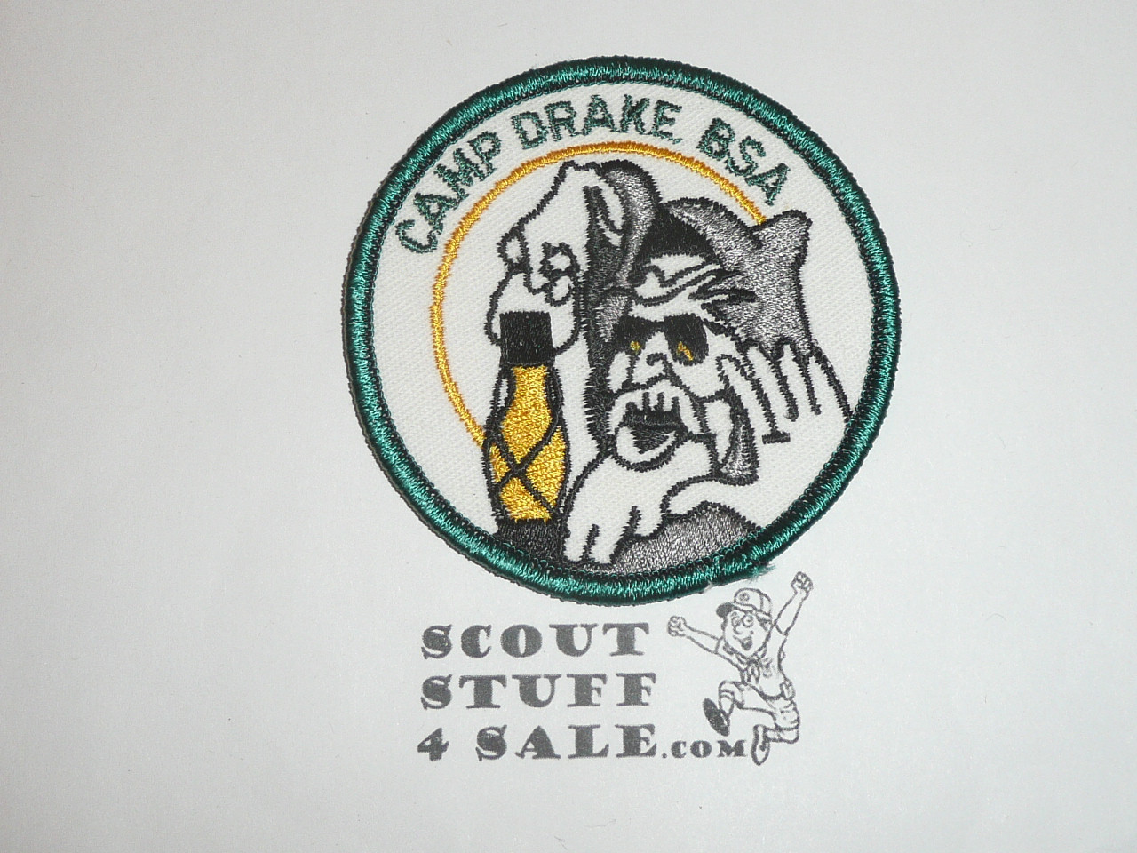 Camp Drake Patch, wht twill with green bdr