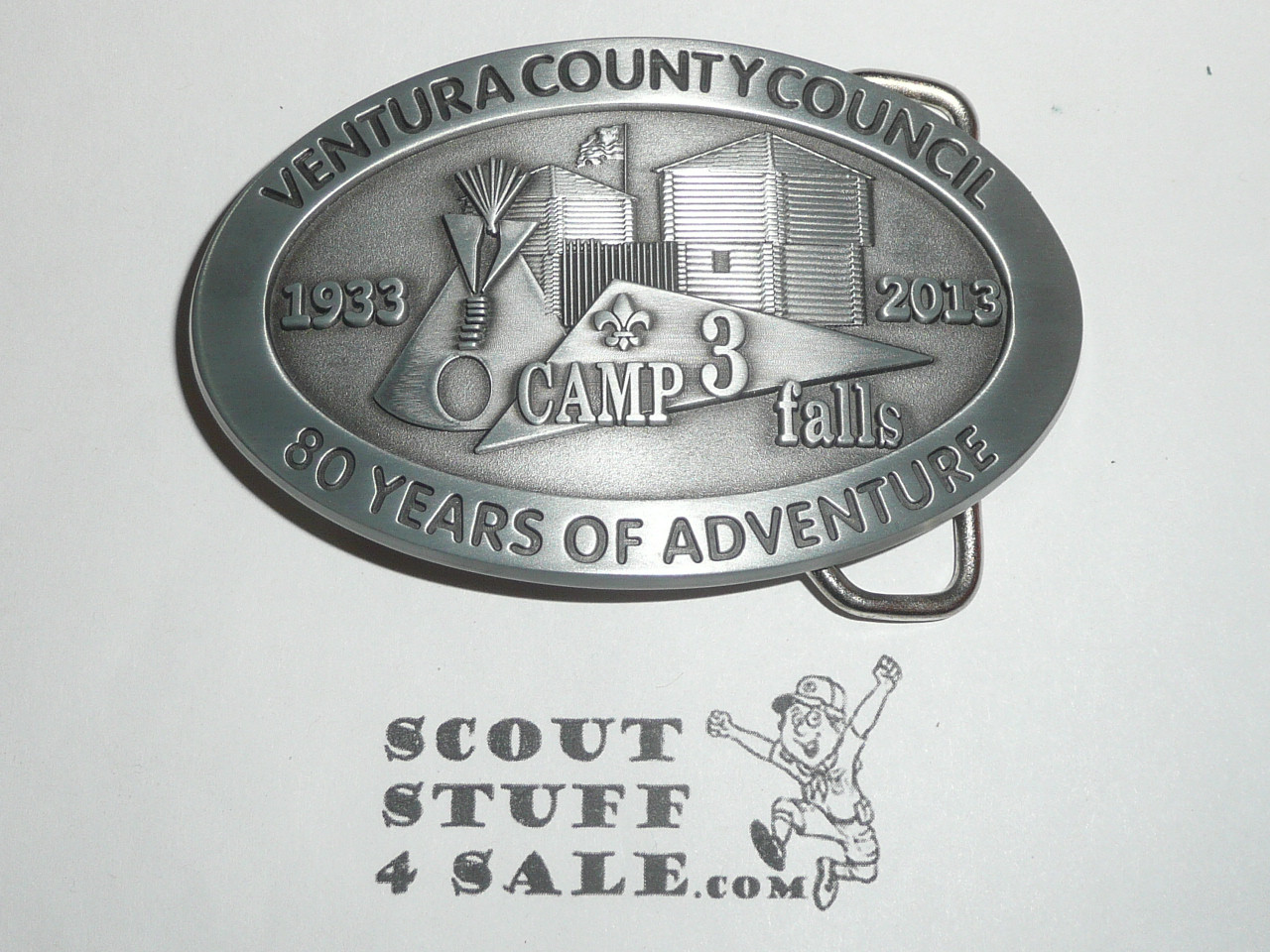 Camp Three Falls 2013 80th Anniversary Cast Belt Buckle, Ventura County Council