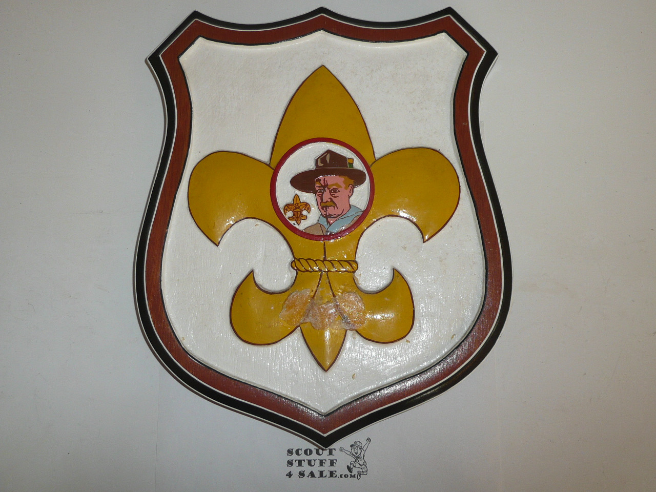 Carved Wood Baden Powell / Scout Emplem Wall Decoration, 9" x 11 3/4", A little glue residue from a brass plate being attached
