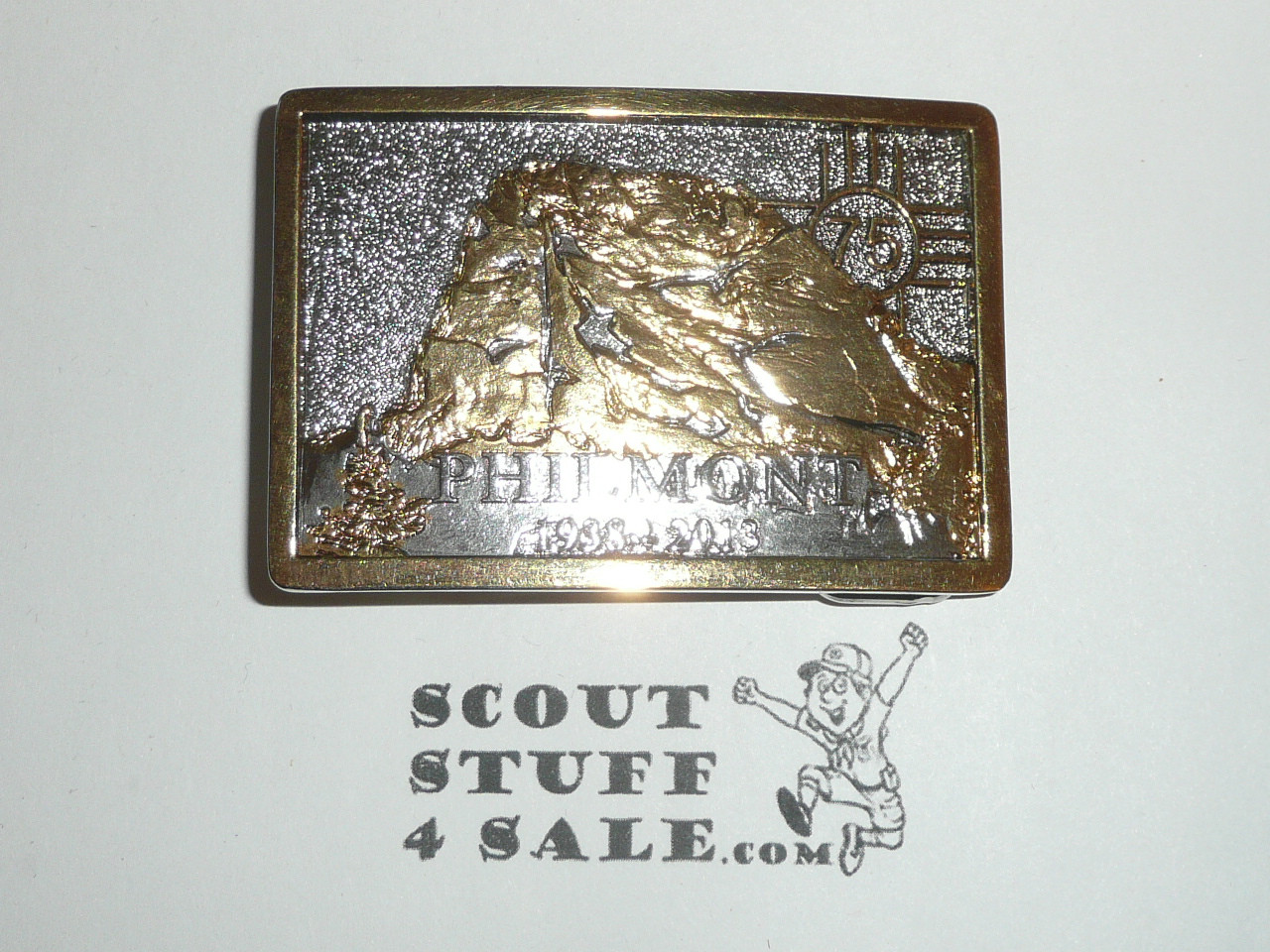 Philmont Scout Ranch, 2013 75th Anniversary Cast Belt Buckle in Chrome/Gold finish, Boxed and numbered