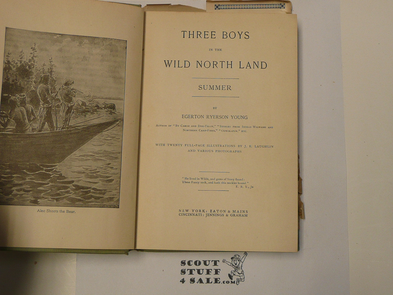 Three Boys in the Wild North Land, By Egerton R. Young, 1896, Hardbound with Dust Jacket, Youth Story Book, Dust Jacket has a Boy Scout on the Cover