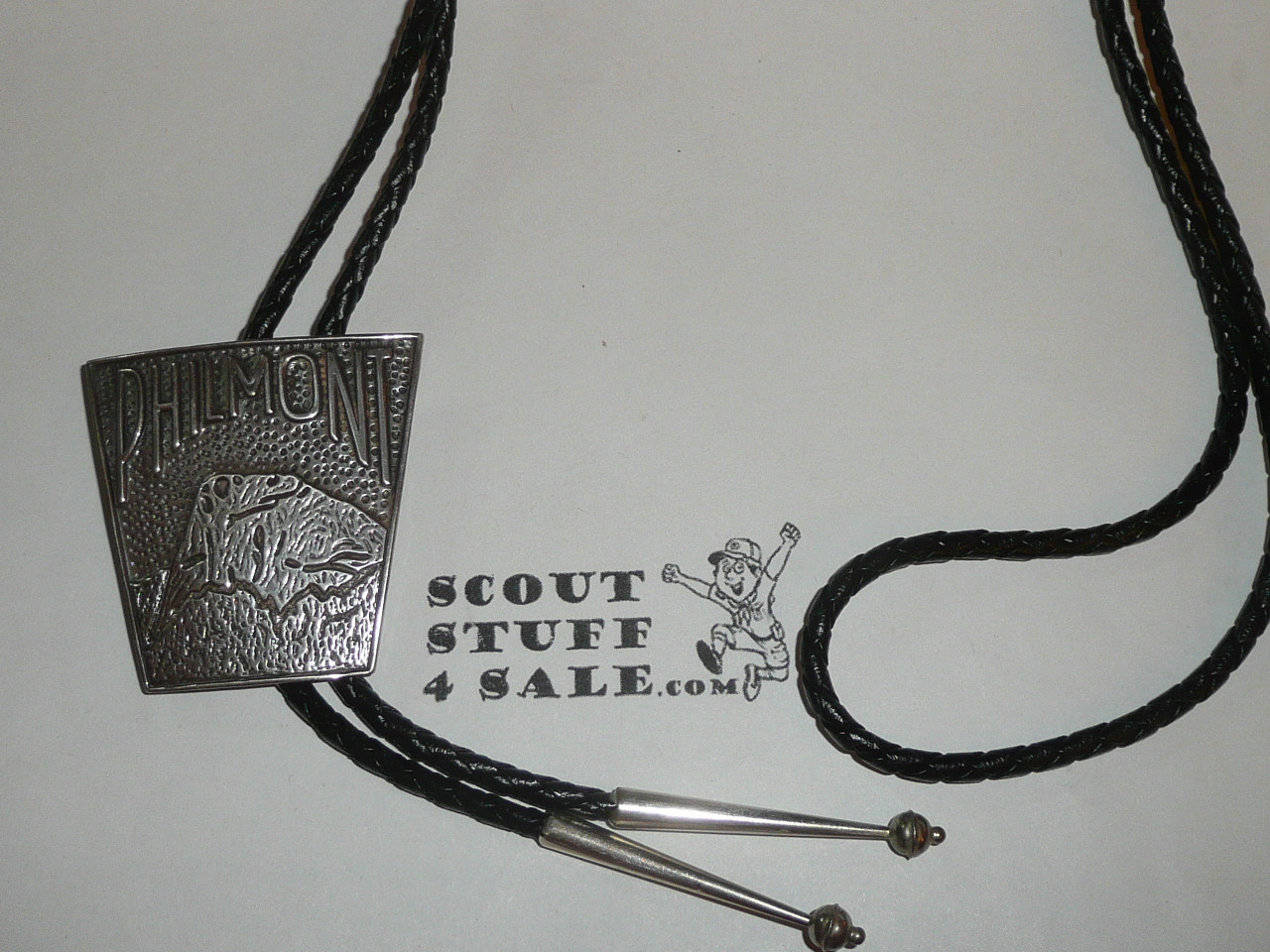 Philmont Scout Ranch,STERLING Silver Tooth of Time Bolo Tie with braided leather cord and silver tips