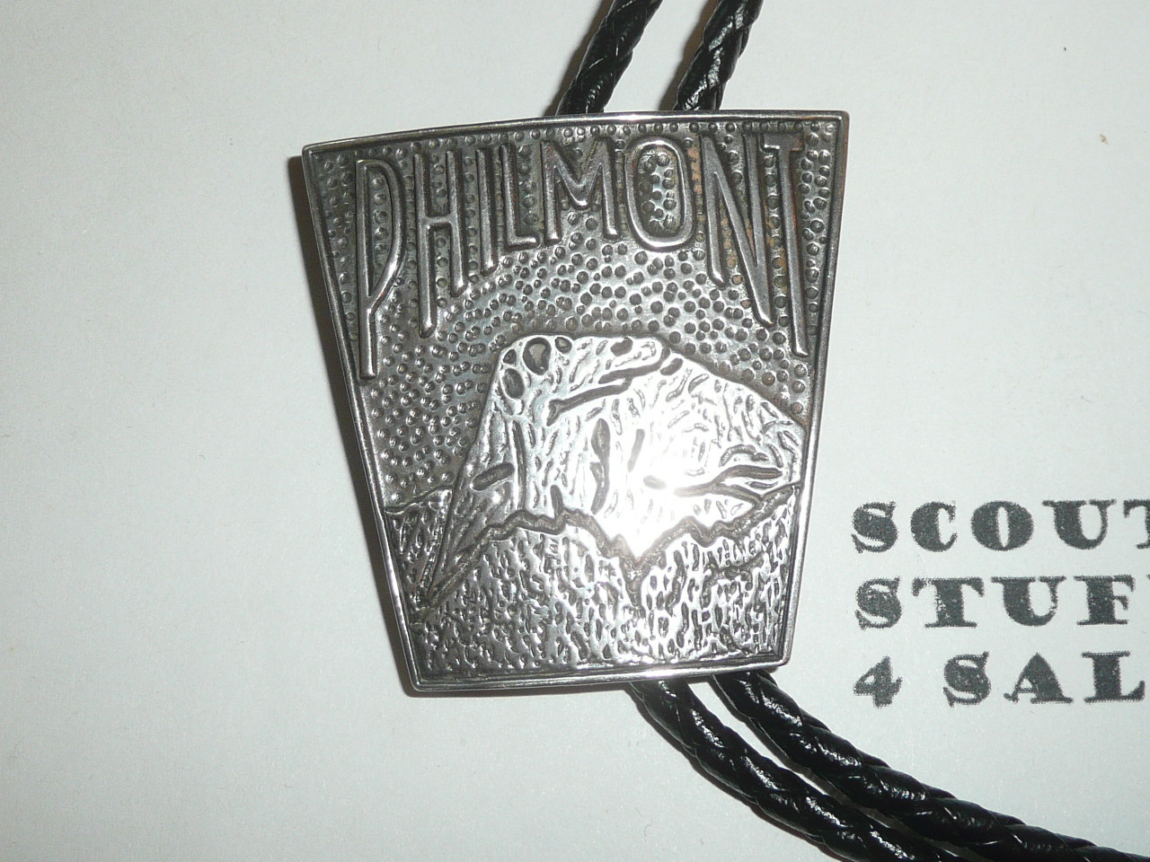 Philmont Scout Ranch,STERLING Silver Tooth of Time Bolo Tie with braided leather cord and silver tips