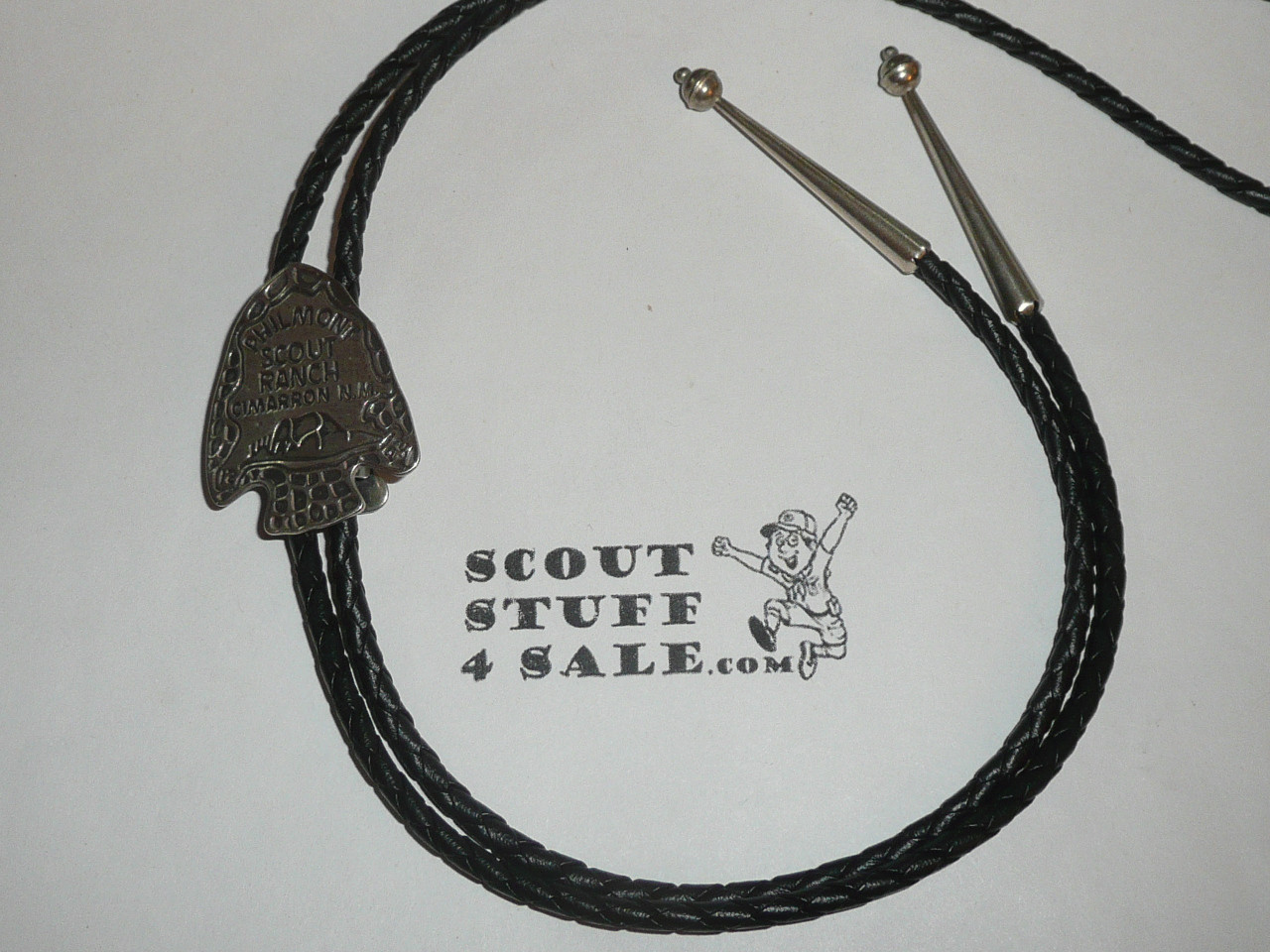 Philmont Scout Ranch,STERLING Silver Arrowhead Bolo tie with braided leather cord and silver tips
