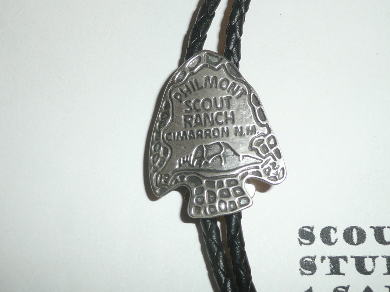 Philmont Scout Ranch,STERLING Silver Arrowhead Bolo tie with braided leather cord and silver tips