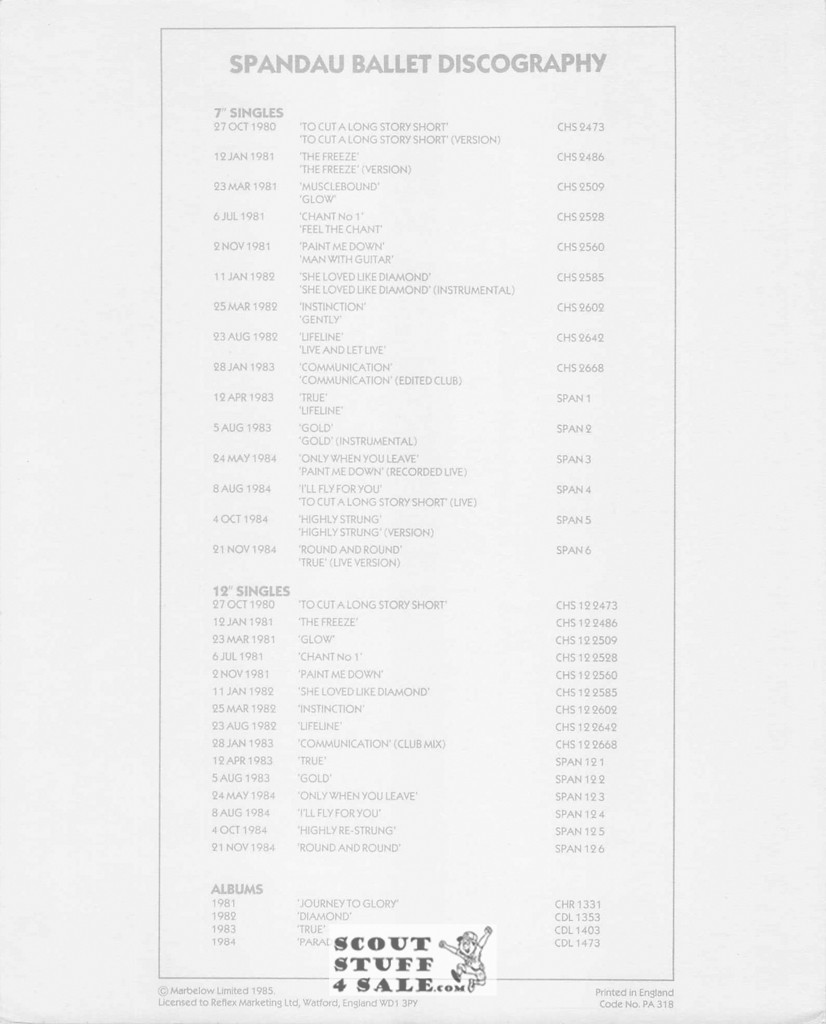 Spandau Ballet Discography 8x10" English Poster by Editions Nugeron #PA318