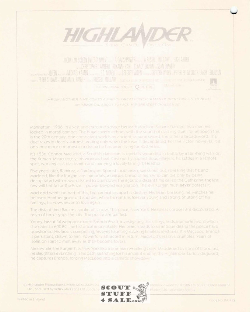 Highlander 8x10" English Poster by Editions Nugeron #PA415, hole punched in corner