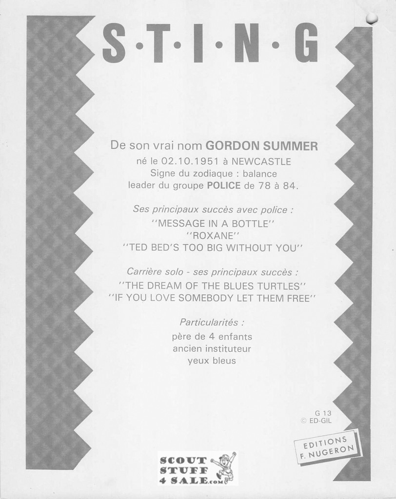 Sting 8x10" French Poster by Editions Nugeron #G13, hole punched in corner