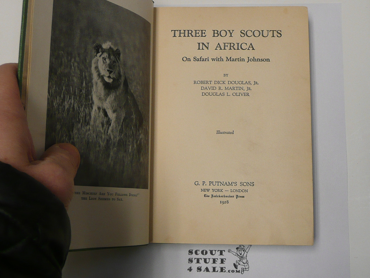 Three Boy Scouts in Africa, by Dick Douglas Jr Martin and Oliver., 1928 4th Printing, Hardbound, Inscribed and signed by Author