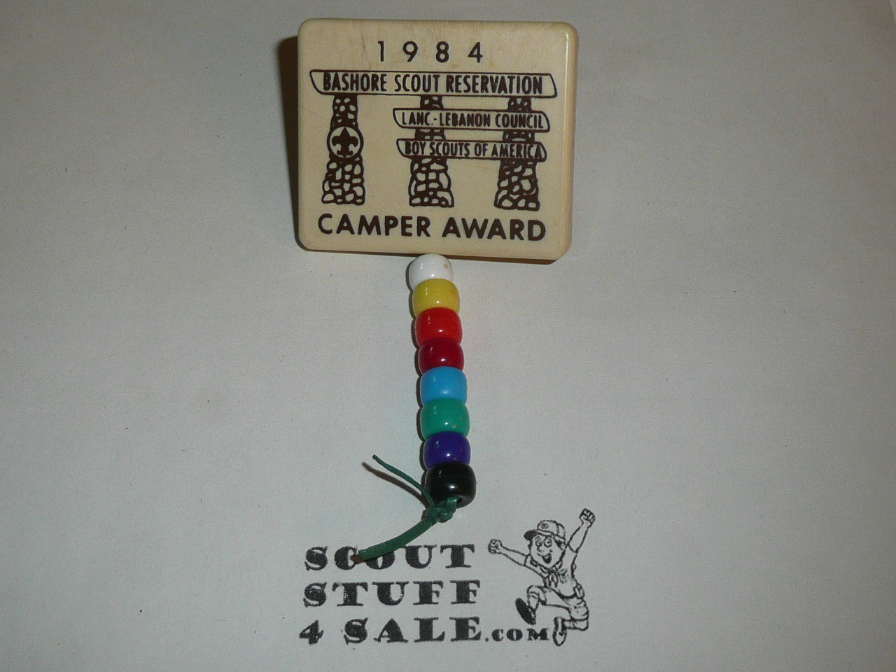 Bashore Scout Reservation 1984 Camper Award Neckerchief Slide, Plastic, Lancaster Lebanon Council