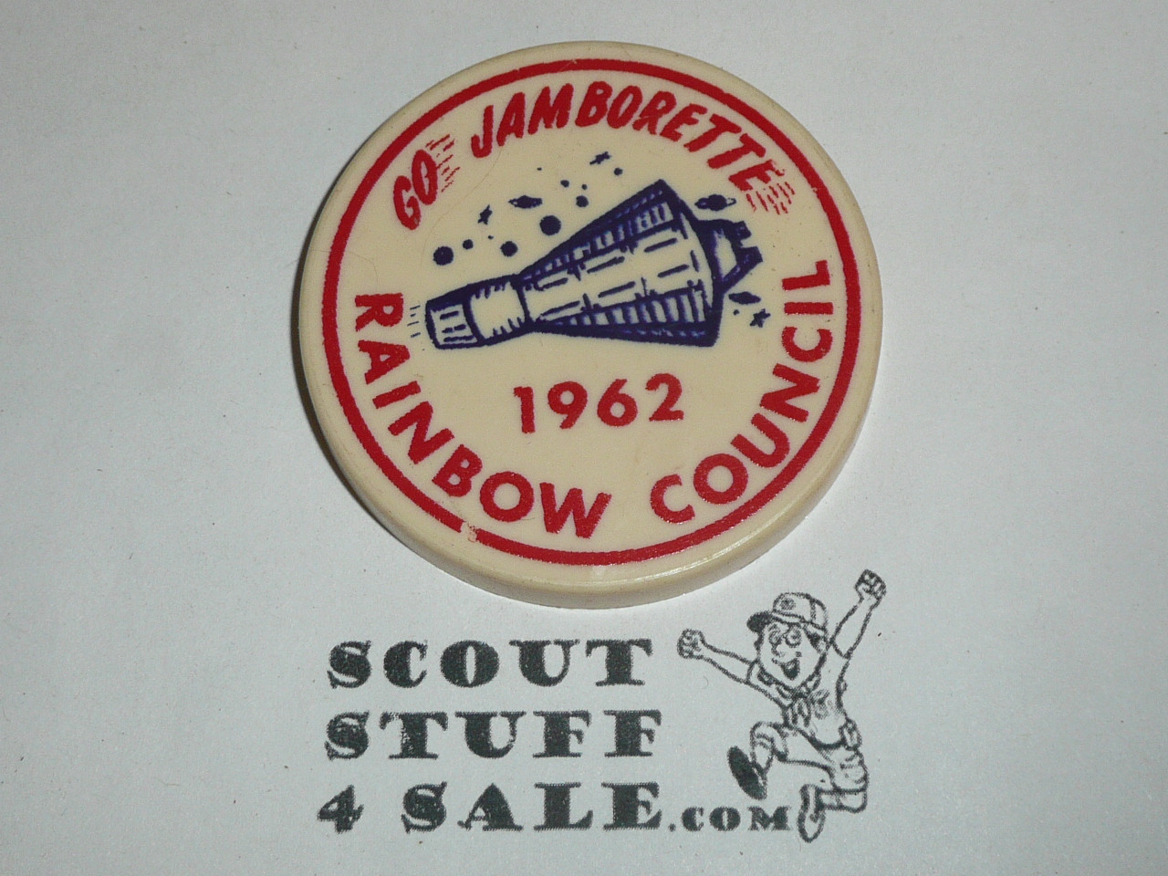 1962 Rainbow Council Go Jamborette Plastic Neckerchief Slide, slide back missing