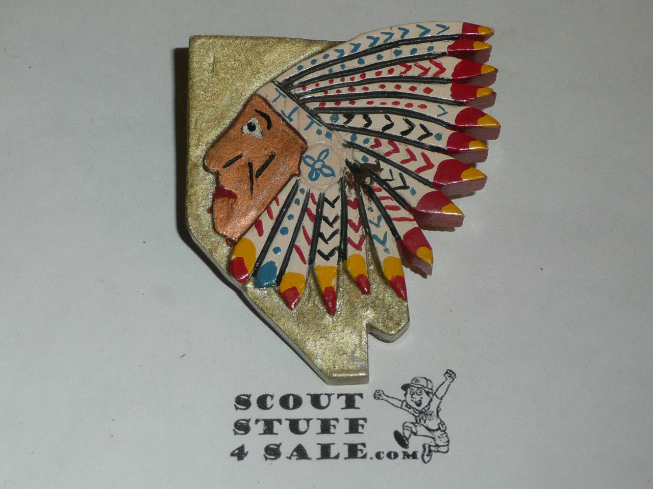Wood Carved Indian Chief superimposed on Nevada Neckerchief Slide