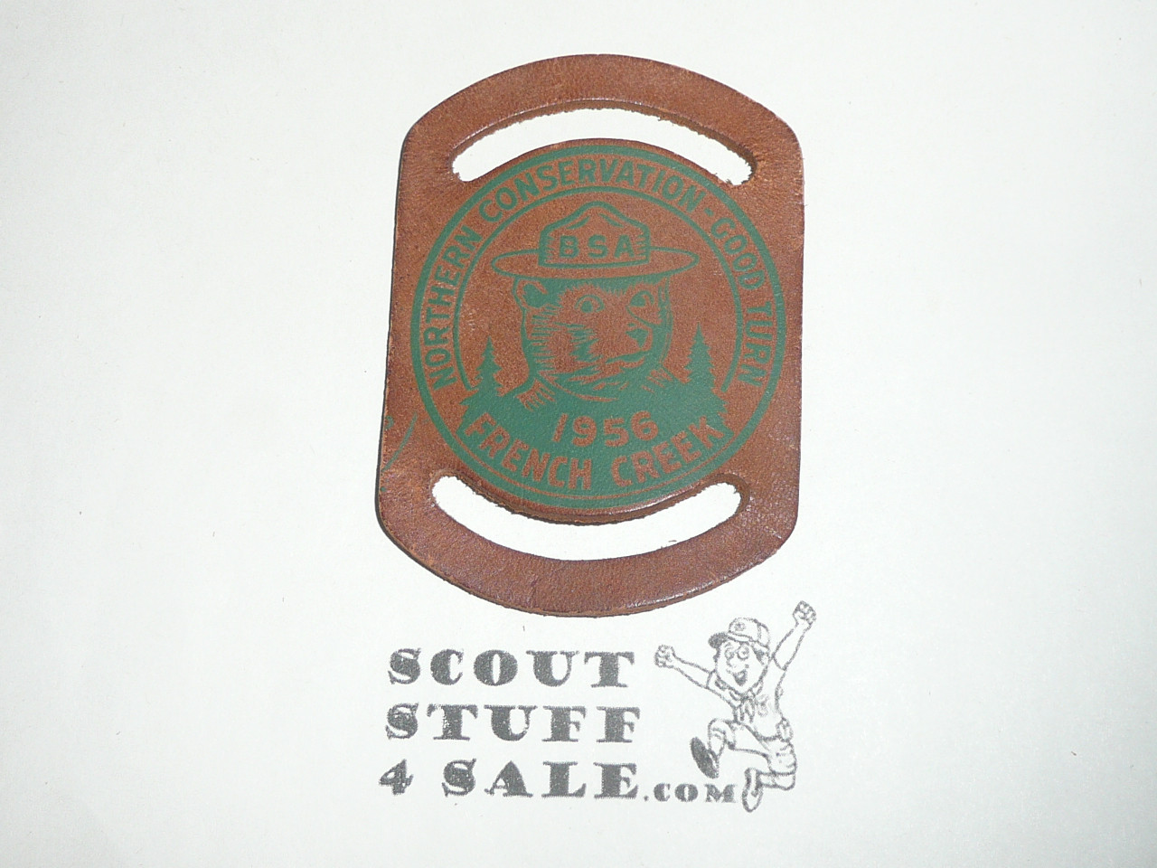 1956 Northern Conservation Good Turn Leather Neckerchief Slide French Creek, Smokey the Bear