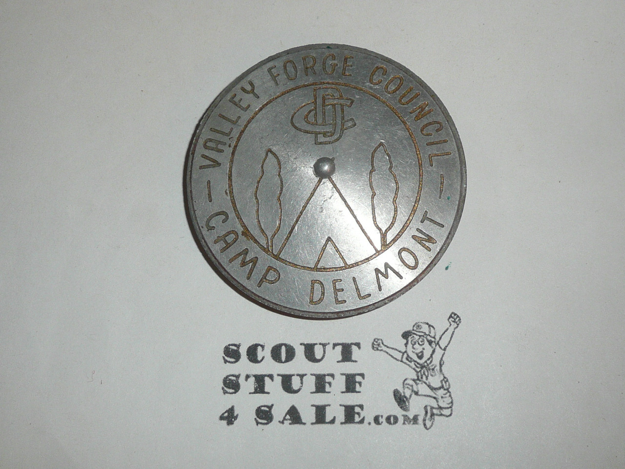 Camp Delmont Stamped Metal Disk Neckerchief Slide, Valley Forge Council