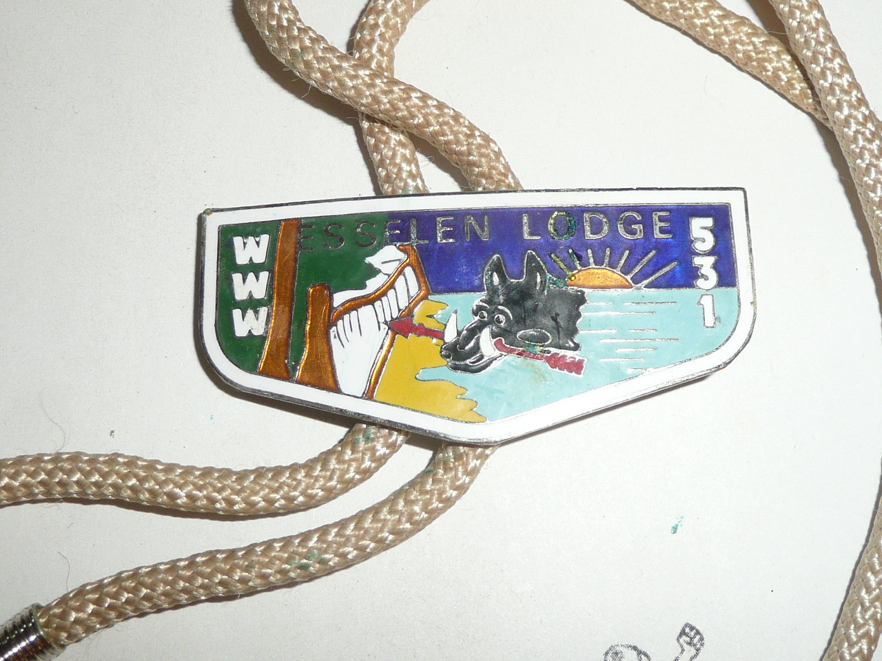 Order of the Arrow Lodge #531 Esselen Flap Shaped Metal Bolo Tie, lite use