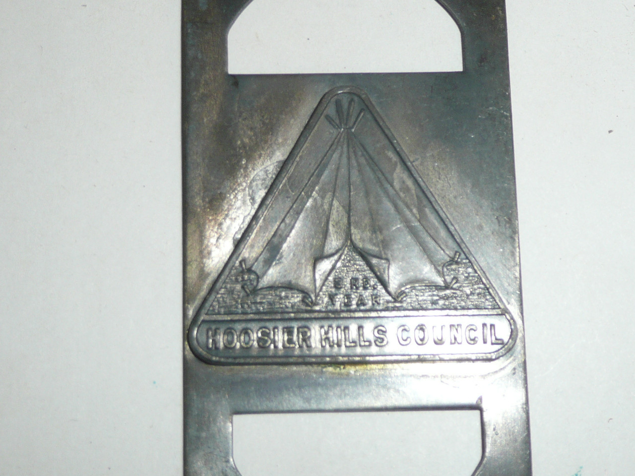 Hoosier Hills Council 3rd Year Camper Metal Neckerchief Slide