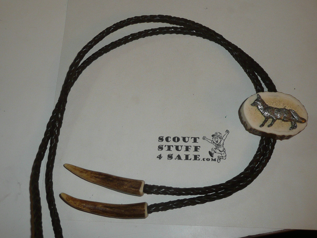 Metal Fox on Antler Bolo Tie with braided leather cord and antler ends