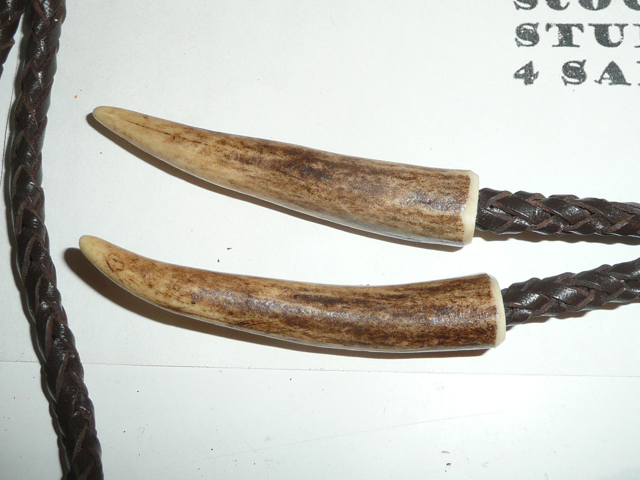 Metal Fox on Antler Bolo Tie with braided leather cord and antler ends