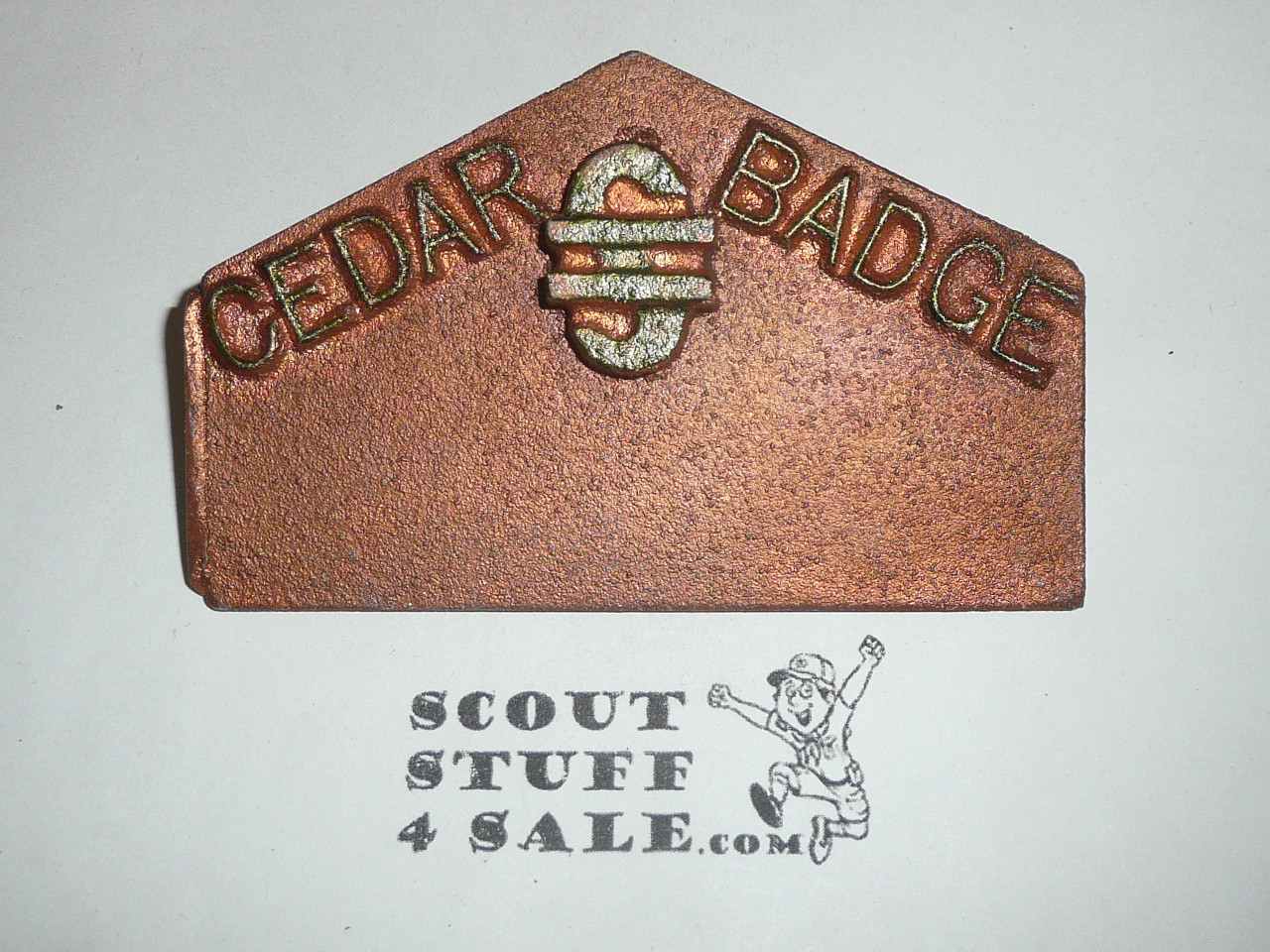 1950's Los Angeles Area Council Cedar Badge Junior Leader Training Program cast metal Neckerchief Slide, Copper color