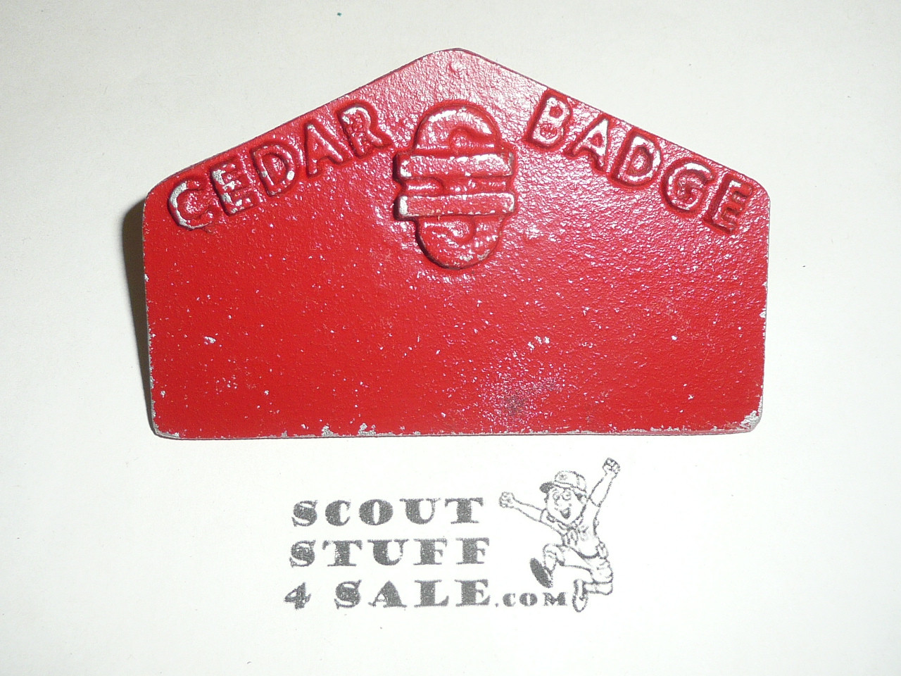 1950's Los Angeles Area Council Cedar Badge Junior Leader Training Program cast metal Neckerchief Slide, Red color