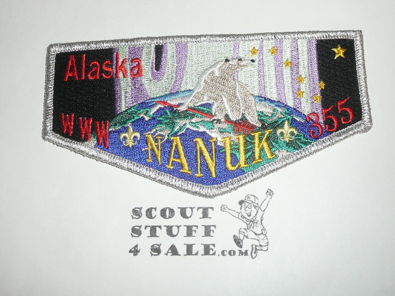Order of the Arrow Lodge #355 Nanuk Flap Patch, silver mylar