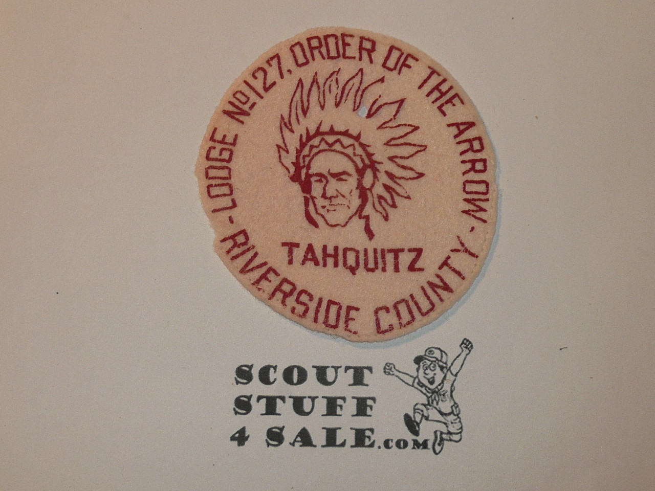 Order of the Arrow Lodge #127 Tahquitz r1 Felt Round Patch, lite use, small moth hole in headress, WAB
